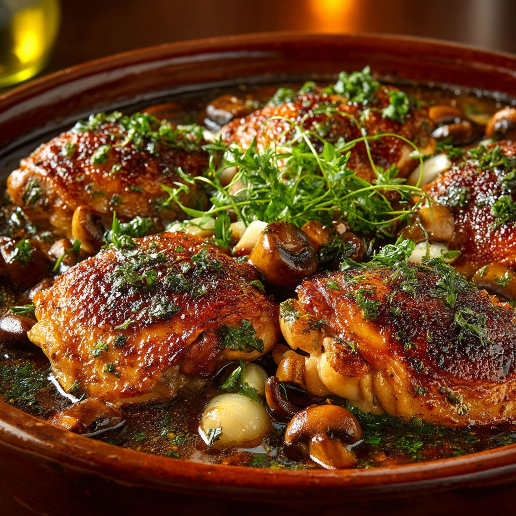 A bowl of food with chicken and mushrooms.