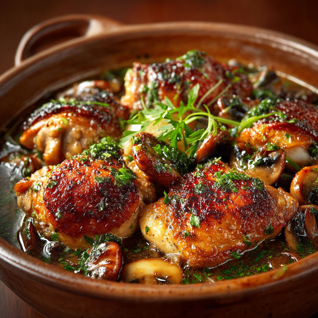 A bowl of food with chicken and mushrooms.