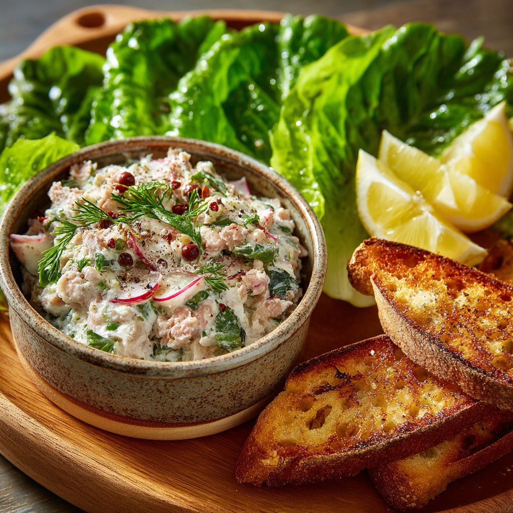 A bowl of fish salad with bread and lemon wedges.
