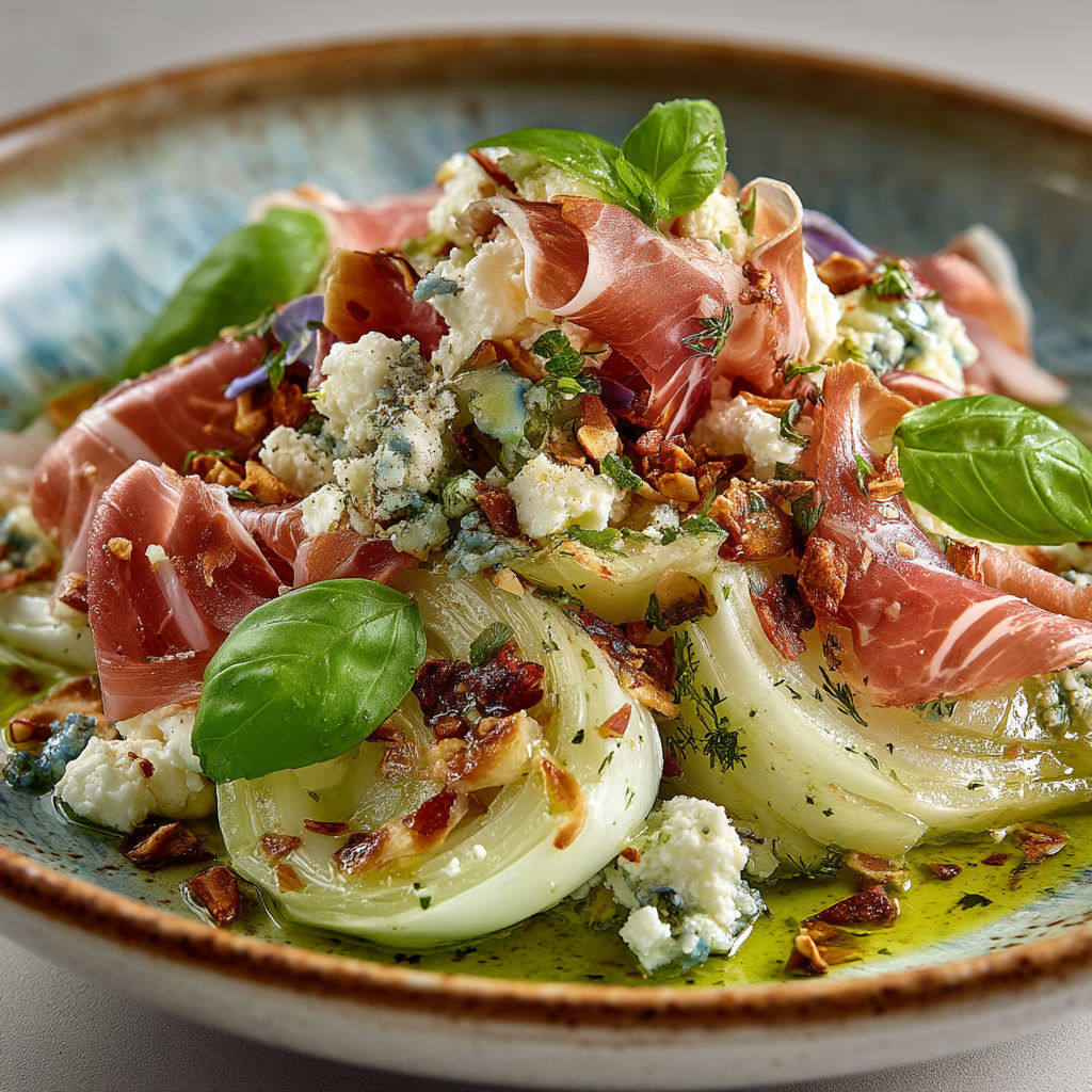 A bowl of food with bacon, onions, and blue cheese.