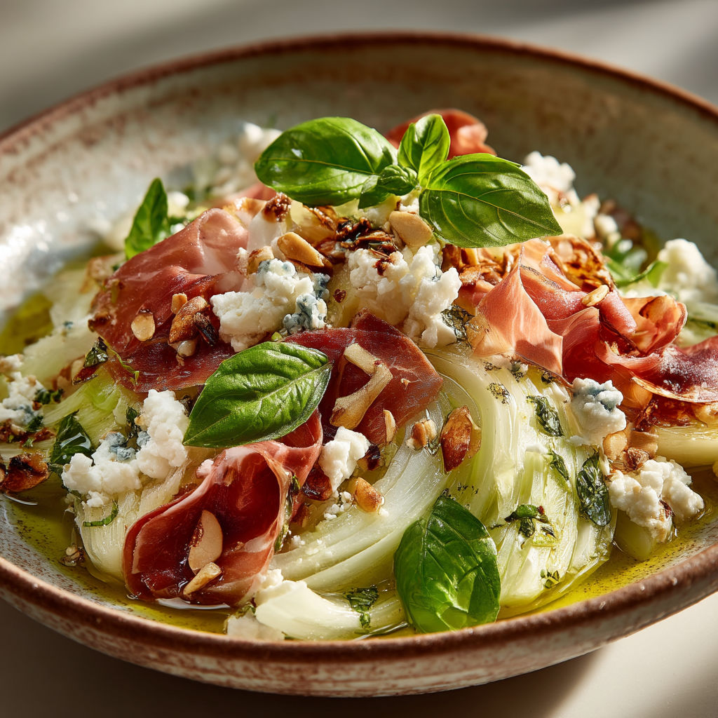 A bowl of food with feta cheese, spinach, and ham.