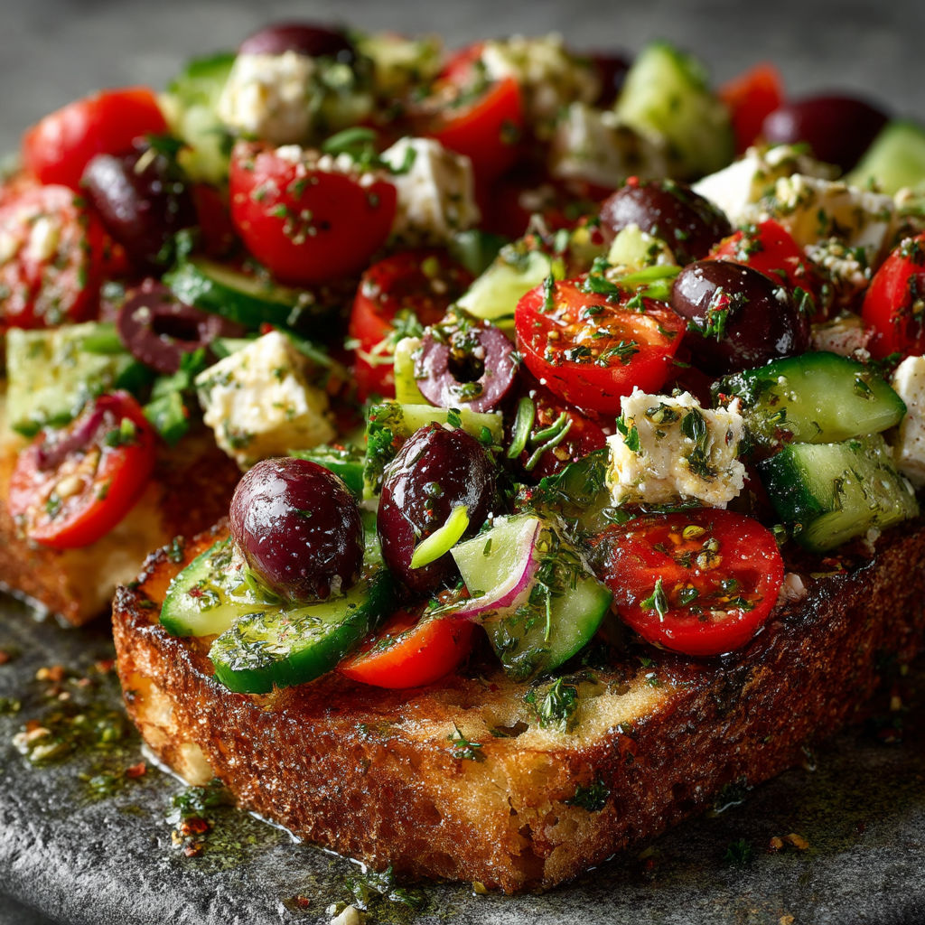 A plate of food with tomatoes, cucumbers, olives, and cheese.