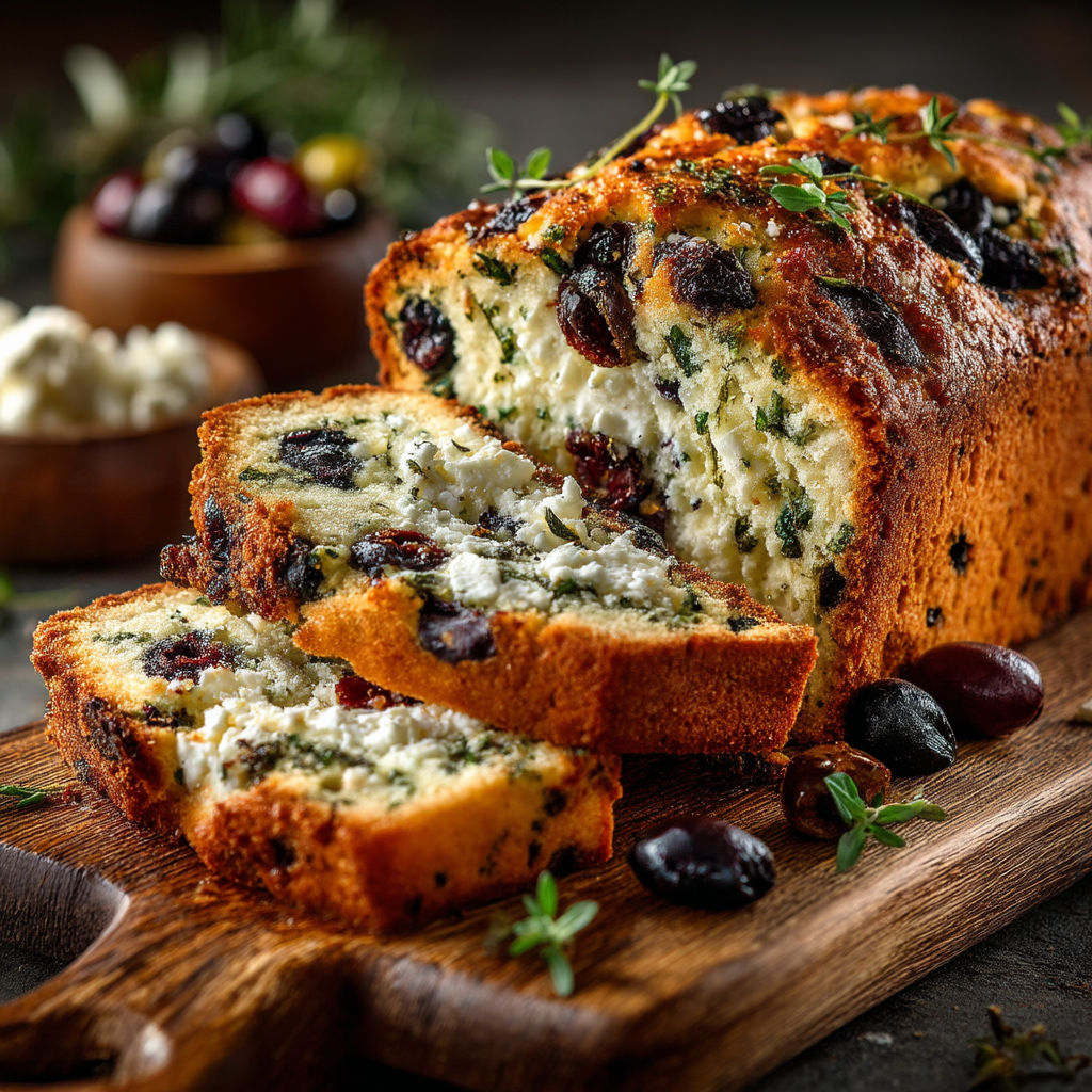 A loaf of bread with olives and feta cheese.