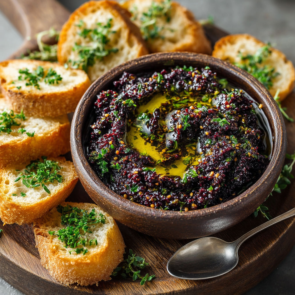 A bowl of tapenade with bread and herbs.