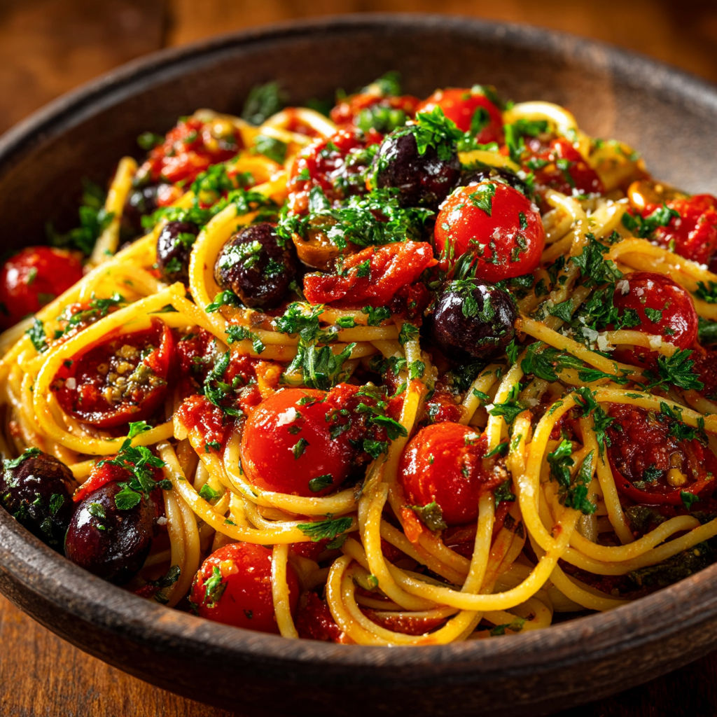A bowl of spaghetti with tomatoes and olives.