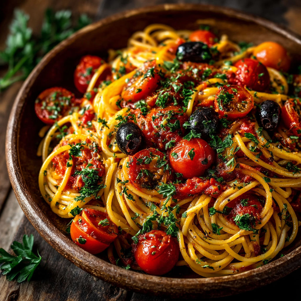 A bowl of pasta with tomatoes and olives.