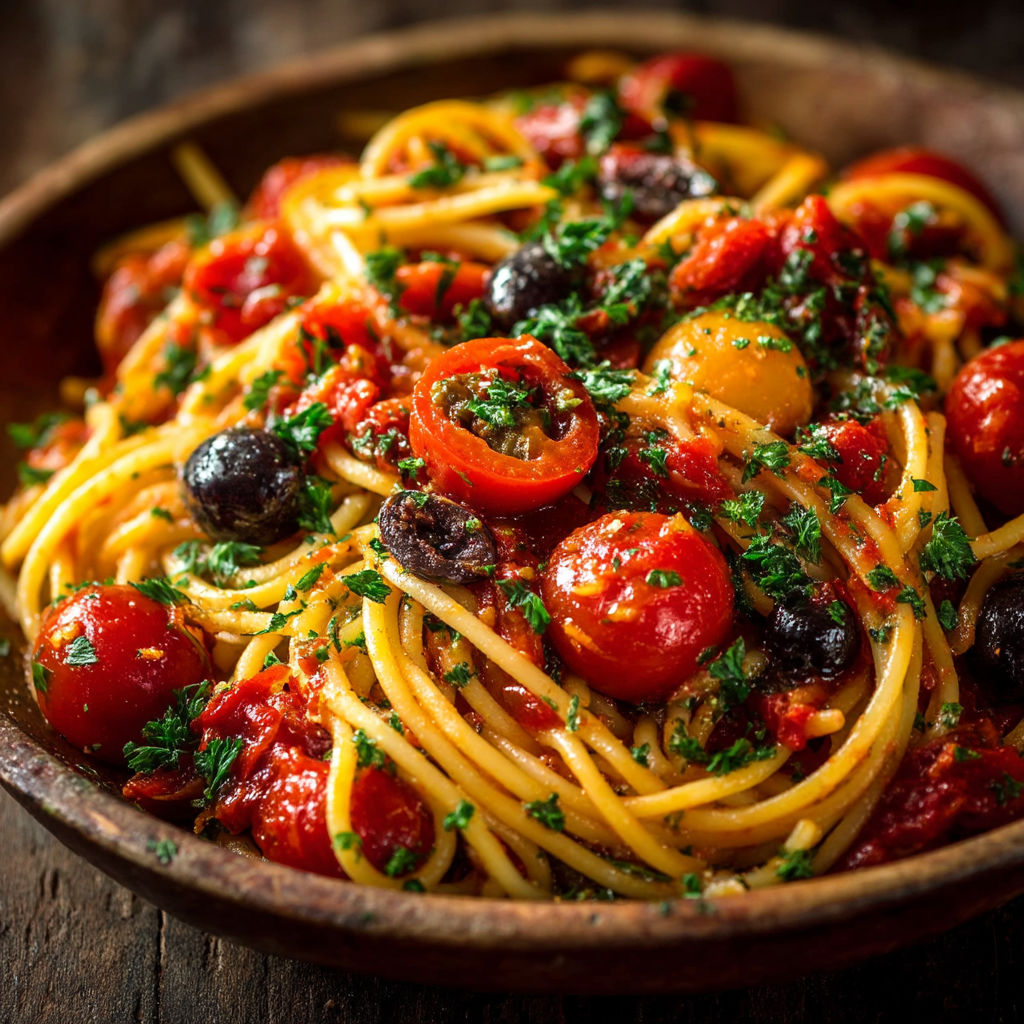 A bowl of pasta with tomatoes and olives.