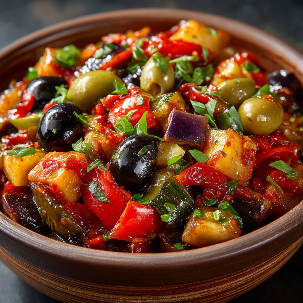 A bowl of food with olives, tomatoes, and capers.