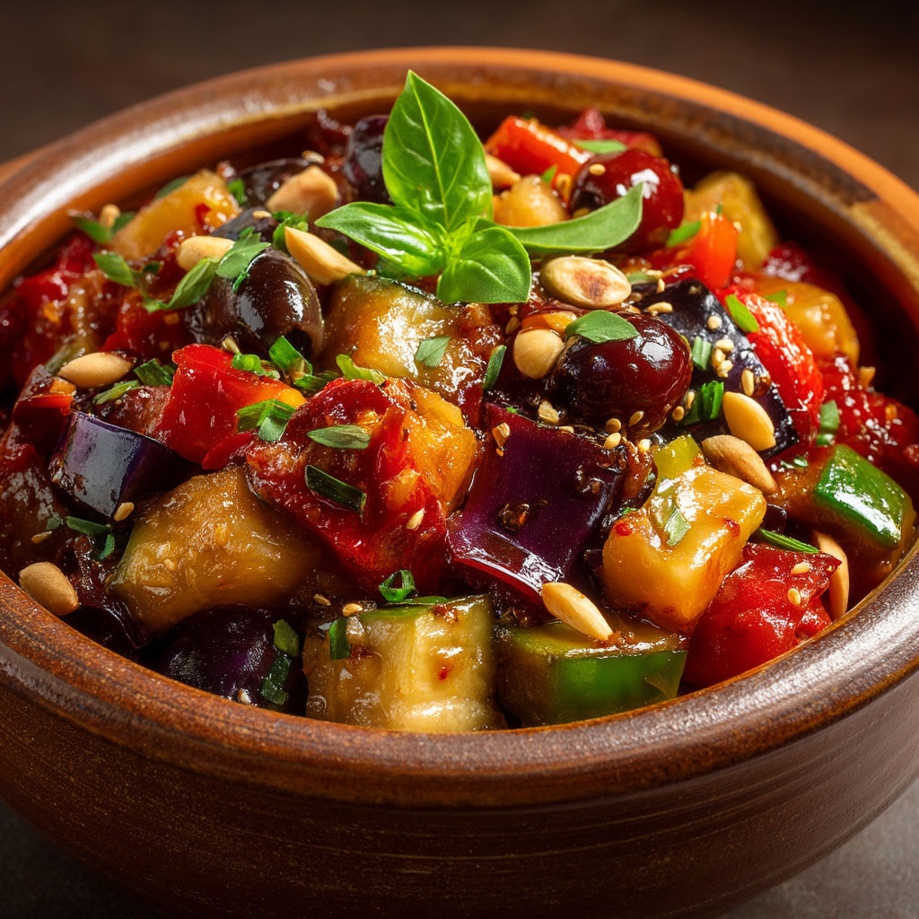 A bowl of food with a green leaf on top.