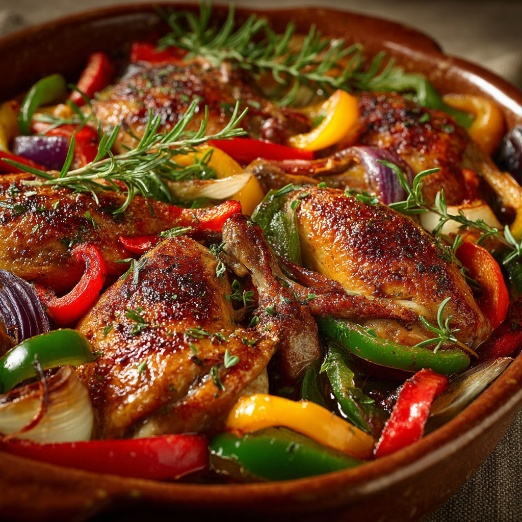 A dish of chicken with peppers and herbs.