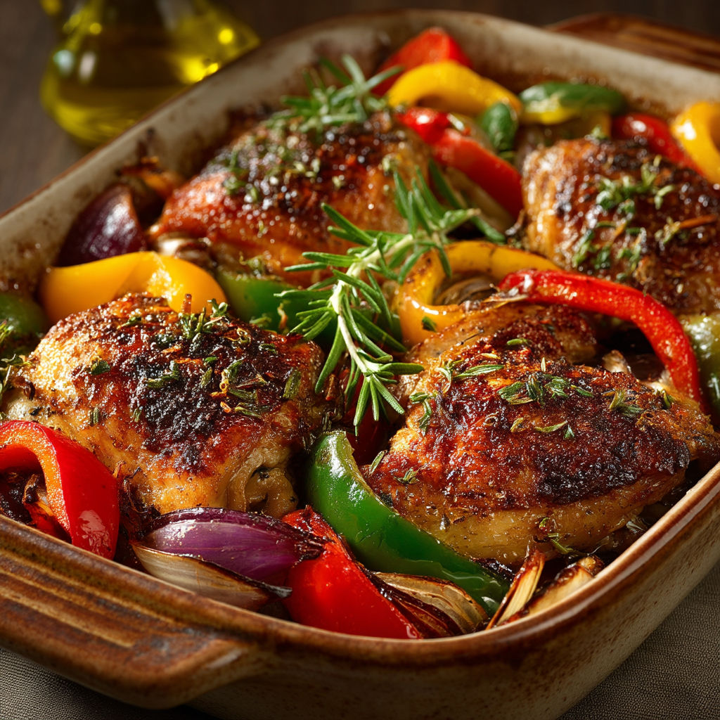 A dish of chicken with peppers and herbs.
