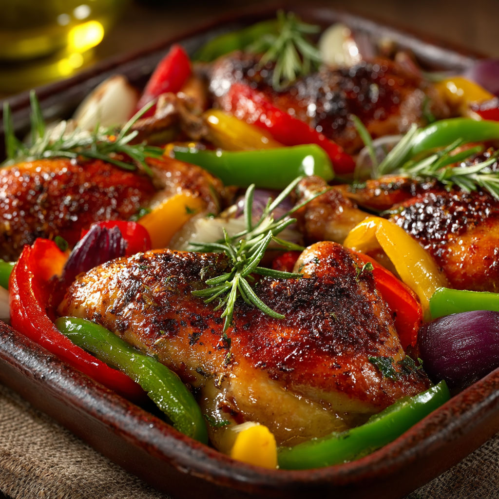 A dish of chicken with peppers and onions.
