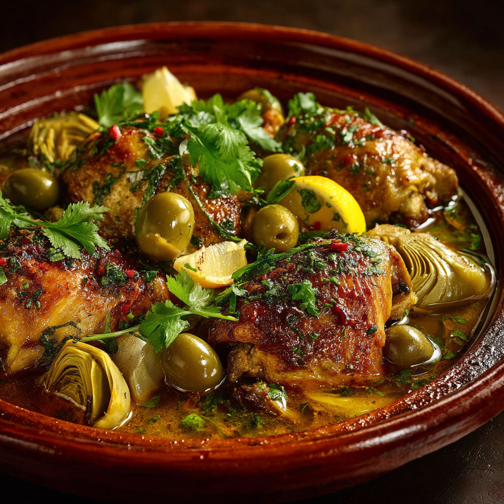 A dish of chicken with olives and herbs.