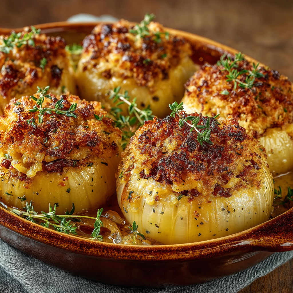 A bowl of food with the words "Ma recette d'oignons doux des Cévennes farcis" written on it.