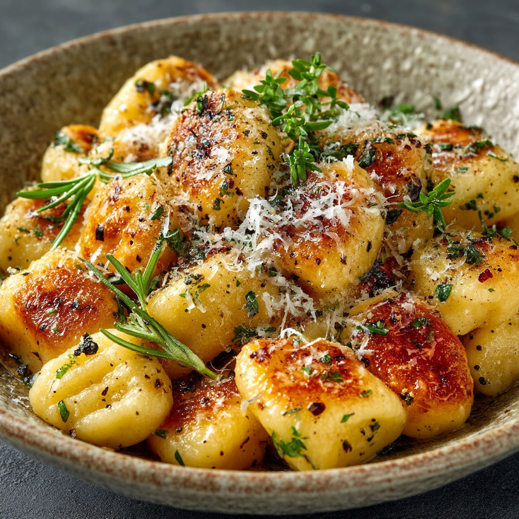 A bowl of gnocchi with cheese and herbs.