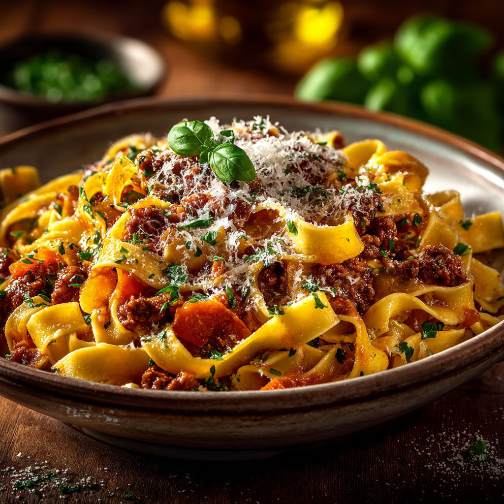 A bowl of pasta with meat and cheese.