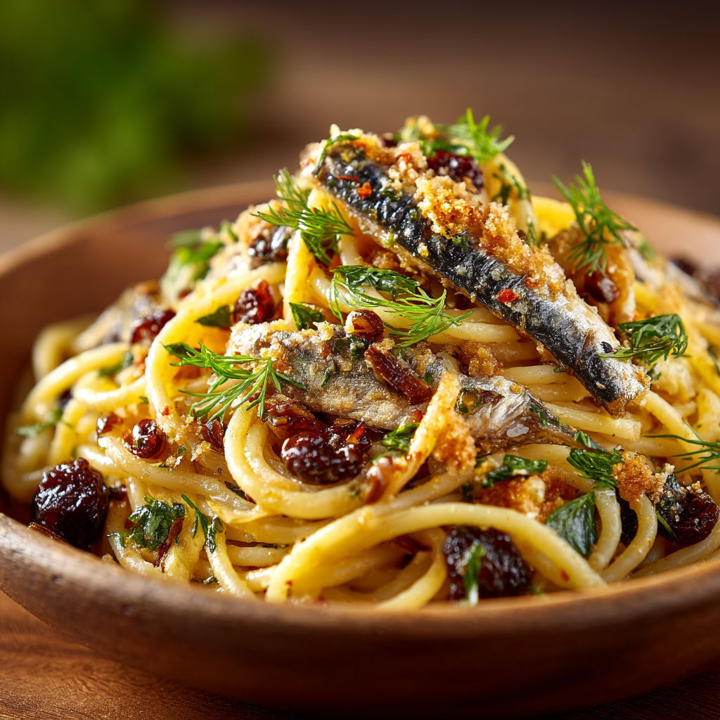 A bowl of spaghetti with sardines and herbs.