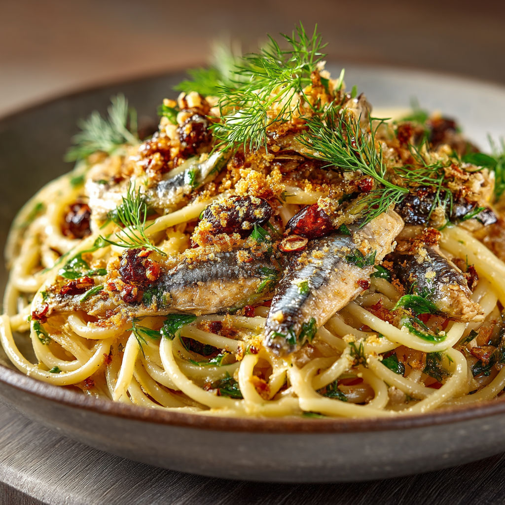 A bowl of pasta with fish and vegetables.