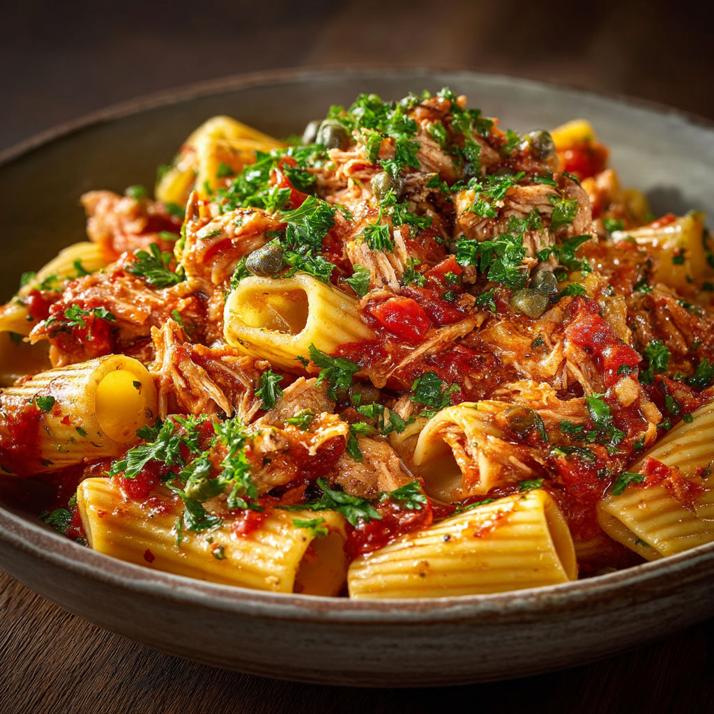 A bowl of rigatoni with chicken and tomatoes.