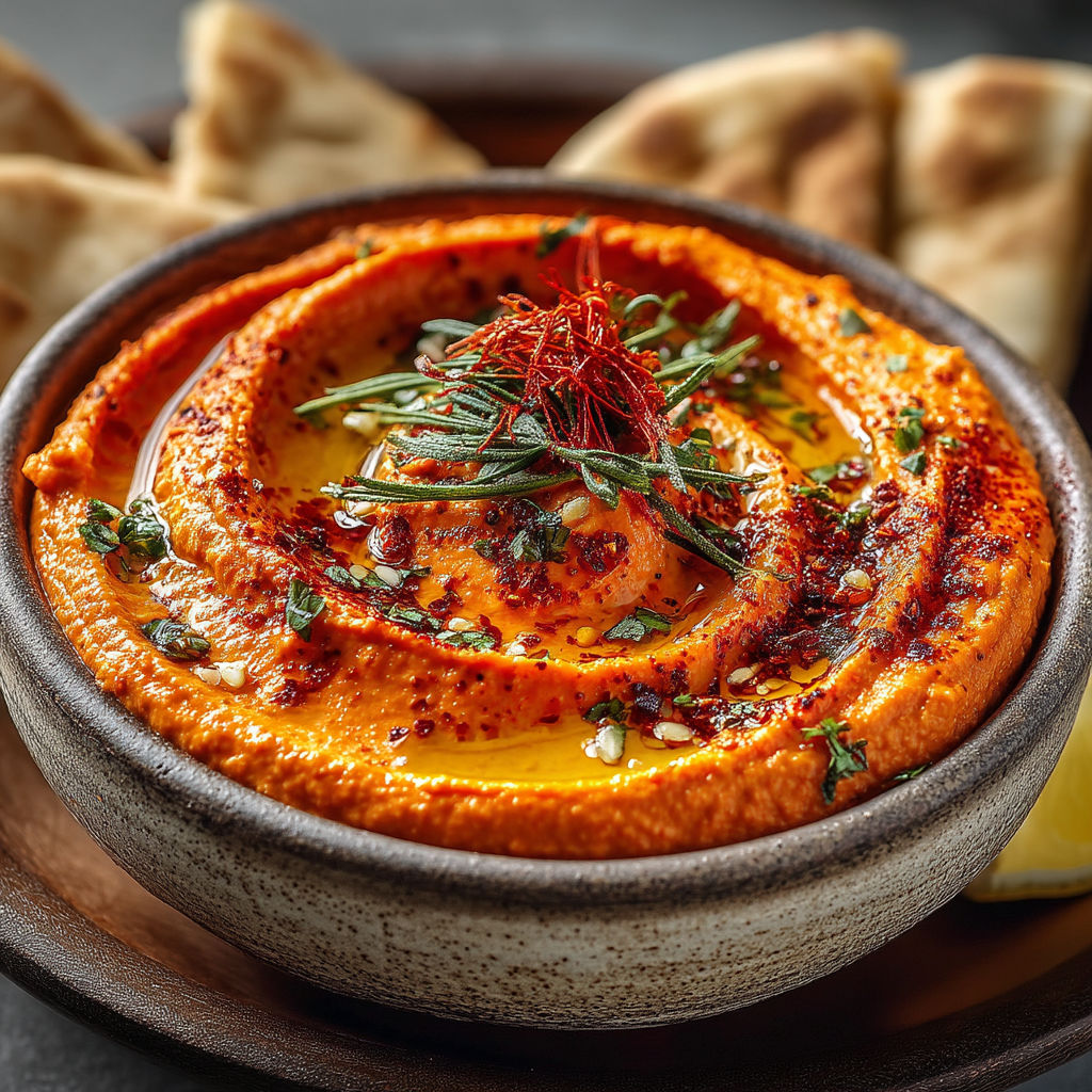 A bowl of hummus with a spoon in it.