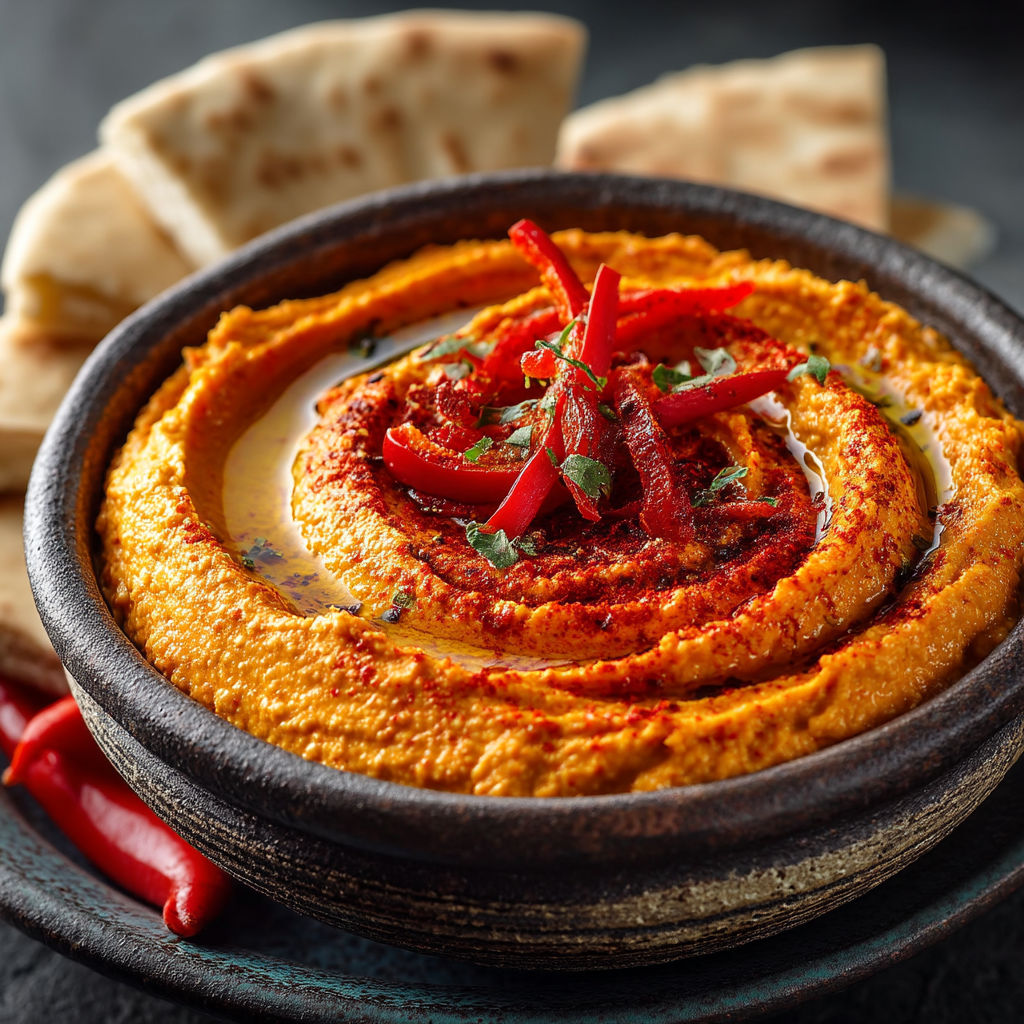 A bowl of hummus with red peppers on top.