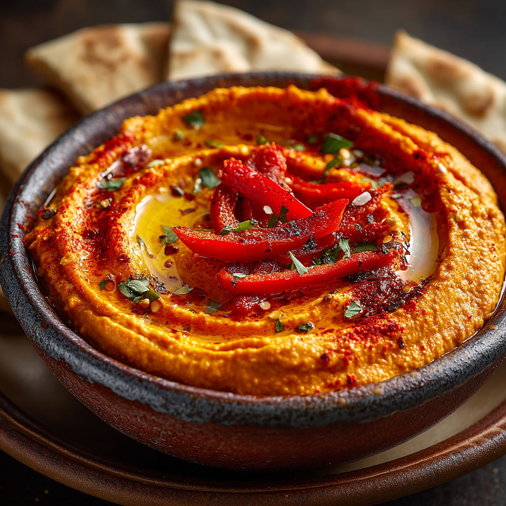 A bowl of hummus with red peppers on top.