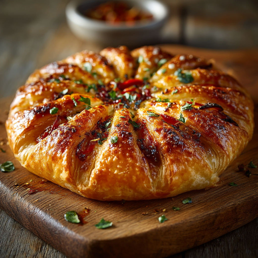 A delicious looking pastry on a wooden board.