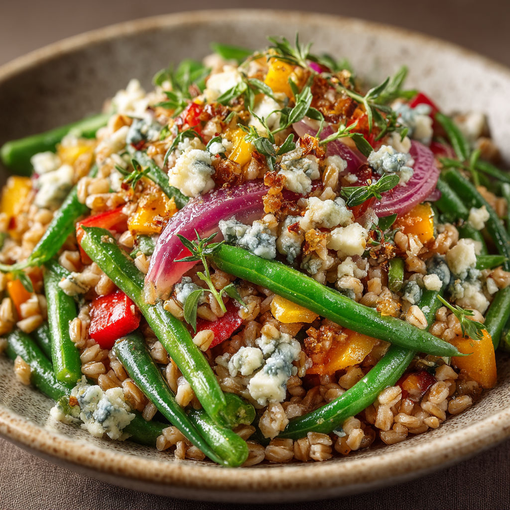 A bowl of food with green beans and blue cheese.