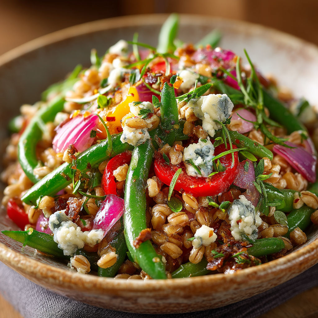 A bowl of food with green beans, tomatoes, and blue cheese.