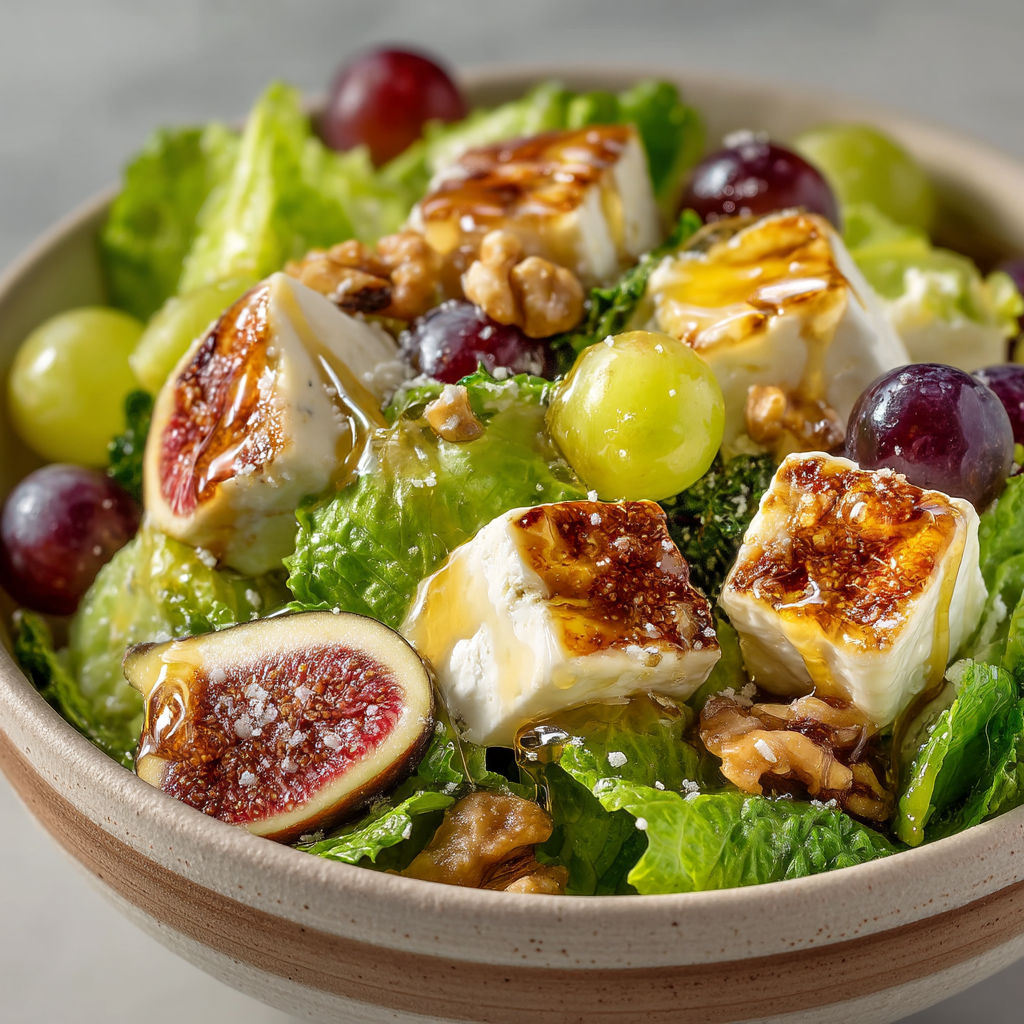 A bowl of salad with grapes, cheese, and walnuts.