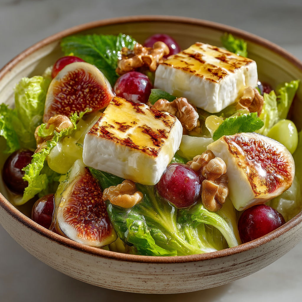 A bowl of food with a salad and cheese cubes.