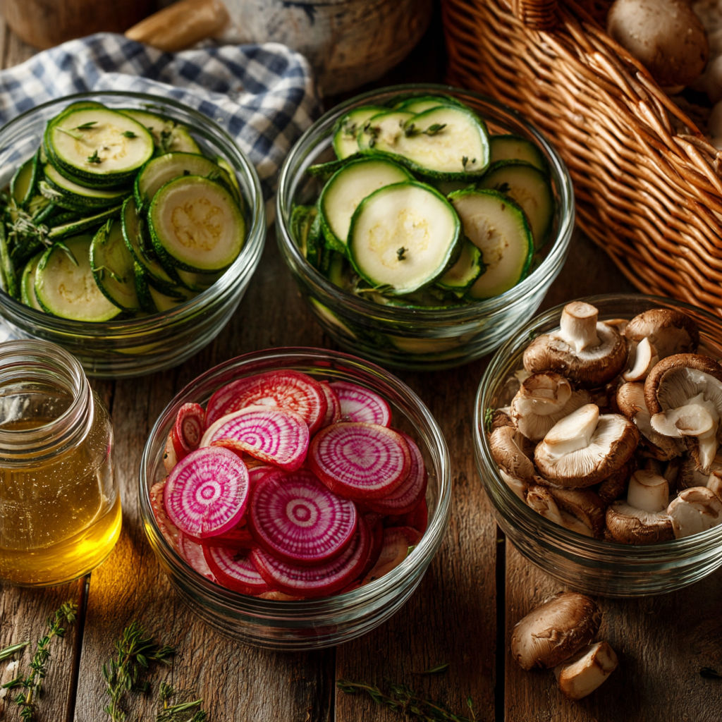 A variety of vegetables and mushrooms are displayed in glass bowls.