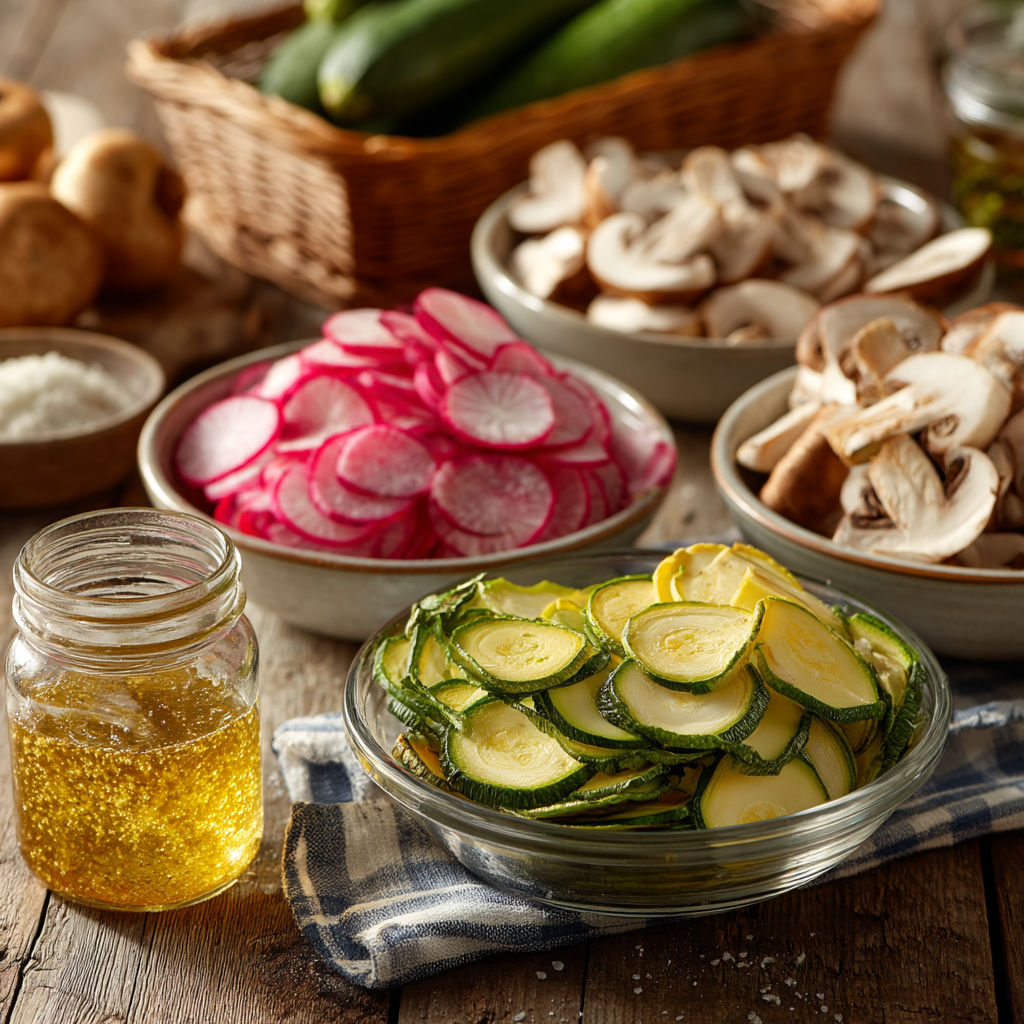 A variety of vegetables and mushrooms are displayed on a table.