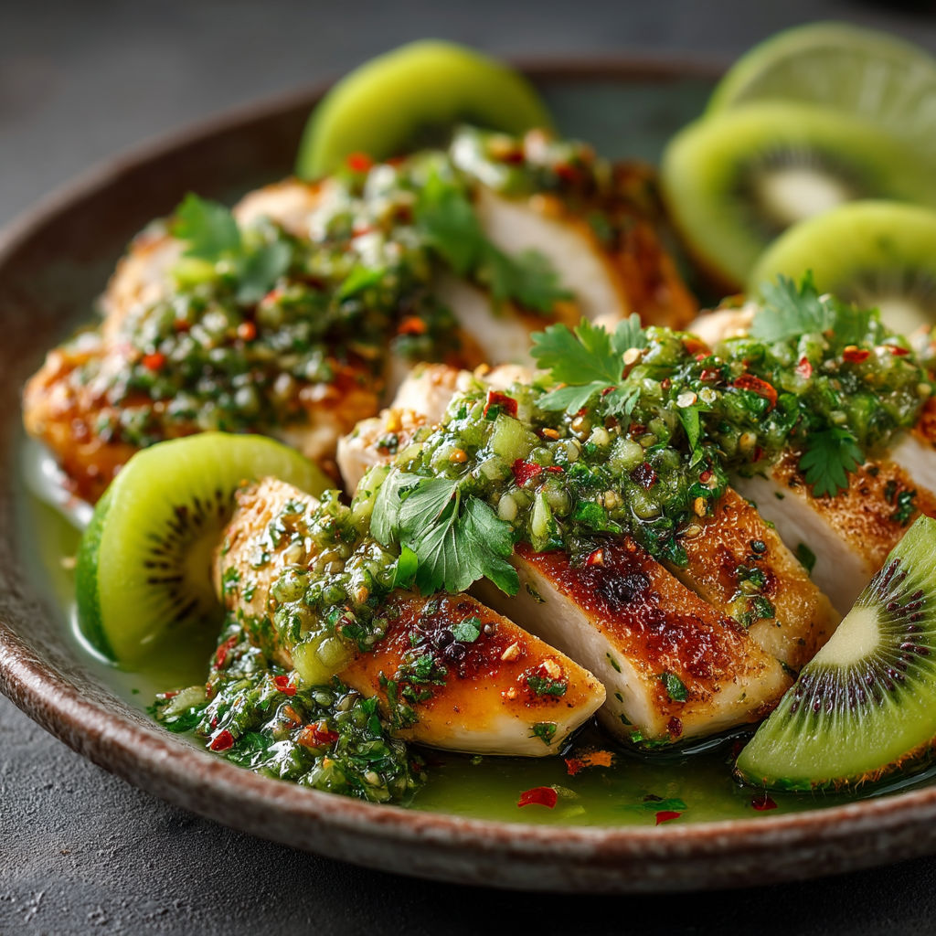 A plate of chicken with a green sauce and kiwi slices.
