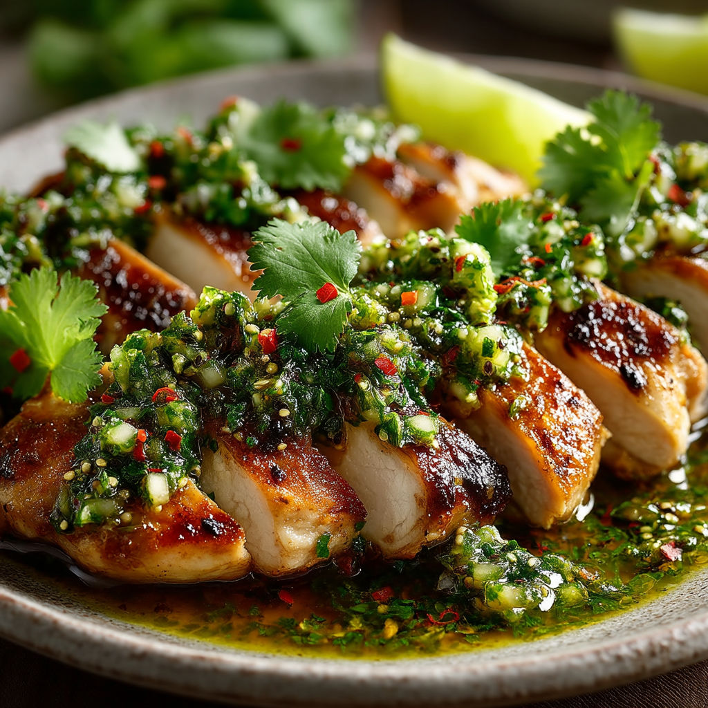 Chicken with a green sauce on it.