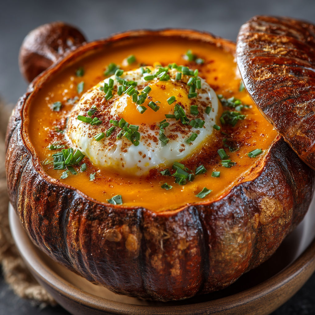 A bowl of soup with a fried egg on top.