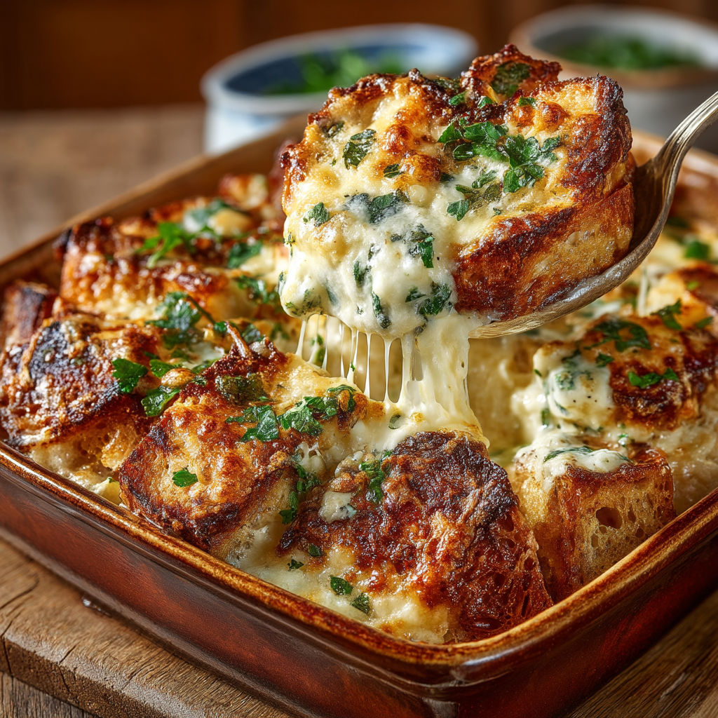 A dish of bread with cheese and herbs.