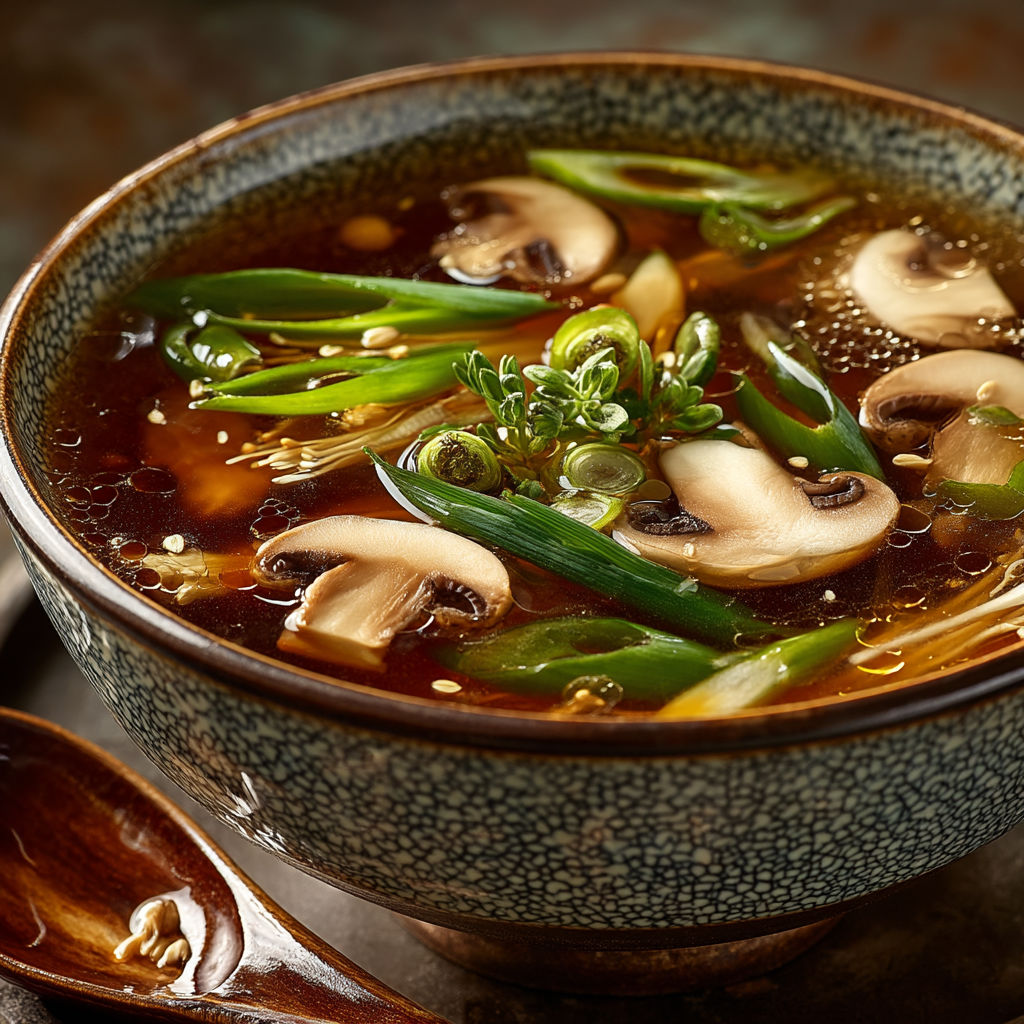 A bowl of soup with mushrooms and green onions.