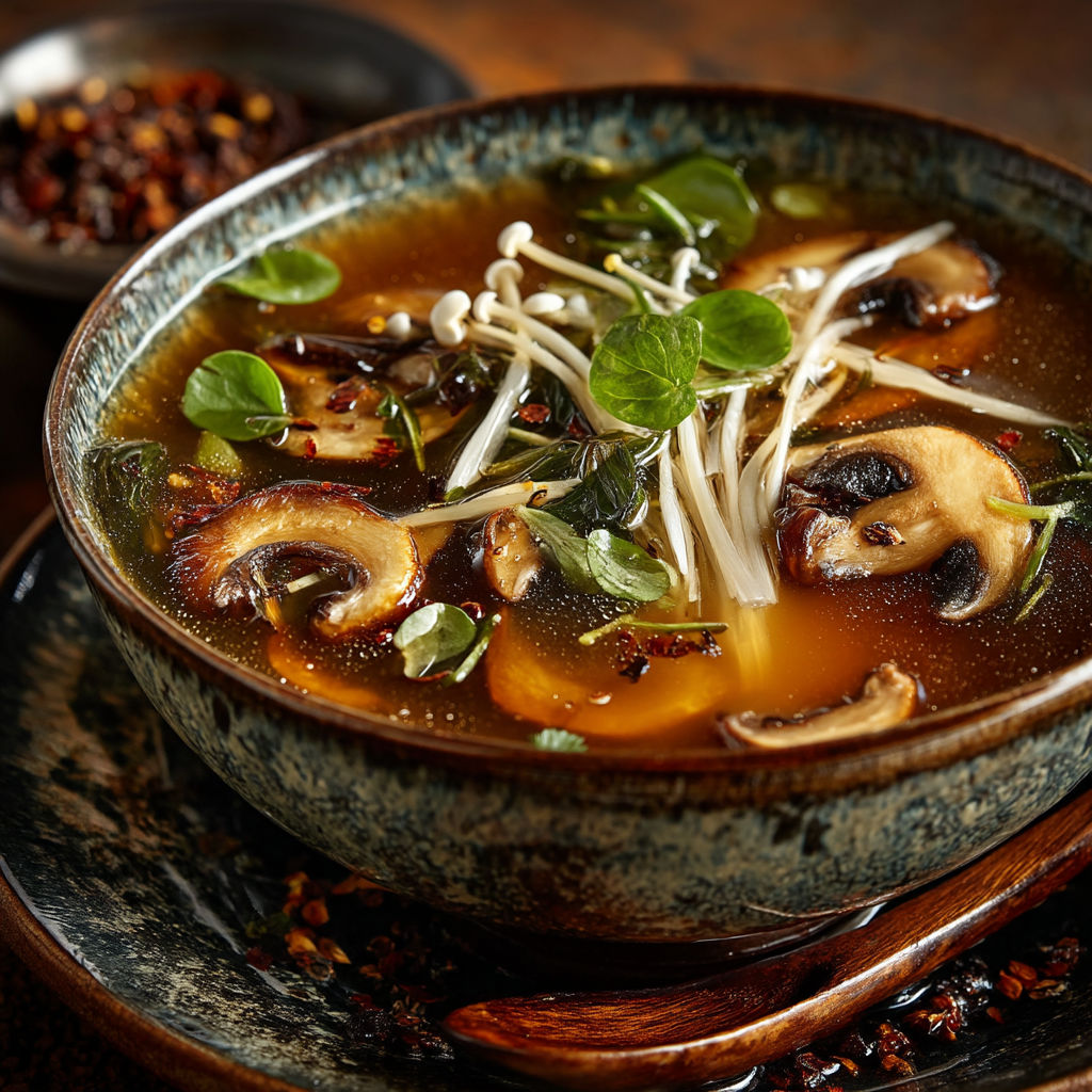 A bowl of soup with mushrooms and noodles.