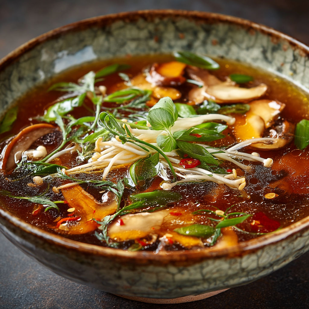 A bowl of soup with mushrooms and greens.