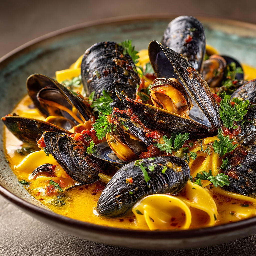A bowl of pasta with mussels and tomato sauce.