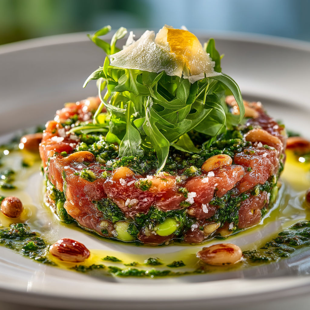 A dish of meat with greens on top.