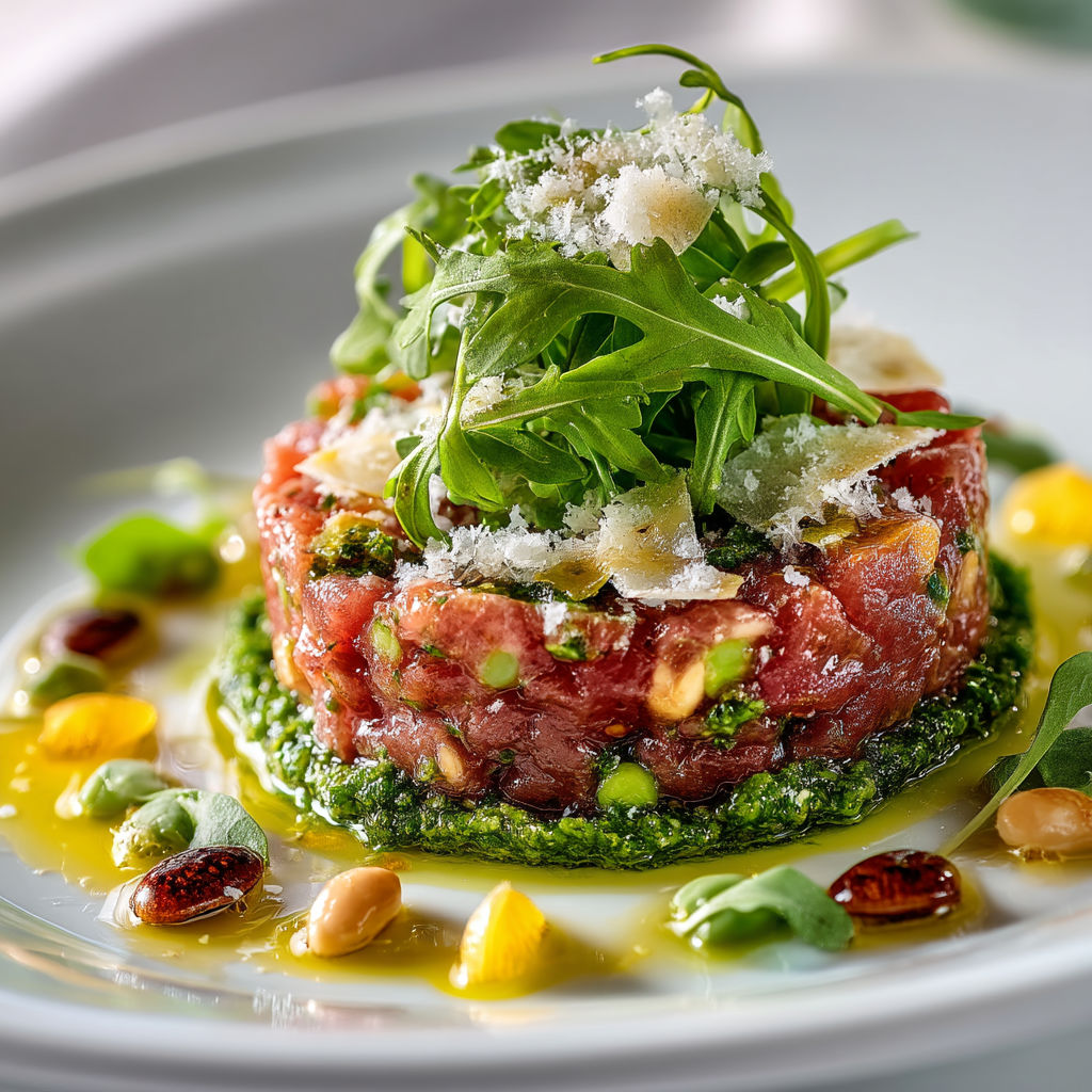 A plate of food with a green topping.