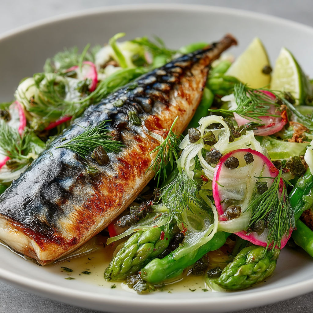 A plate of food with a fish and vegetables.