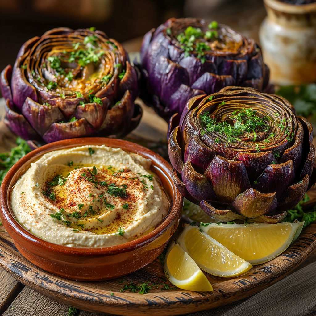 A plate of food with a bowl of hummus and a lemon wedge.