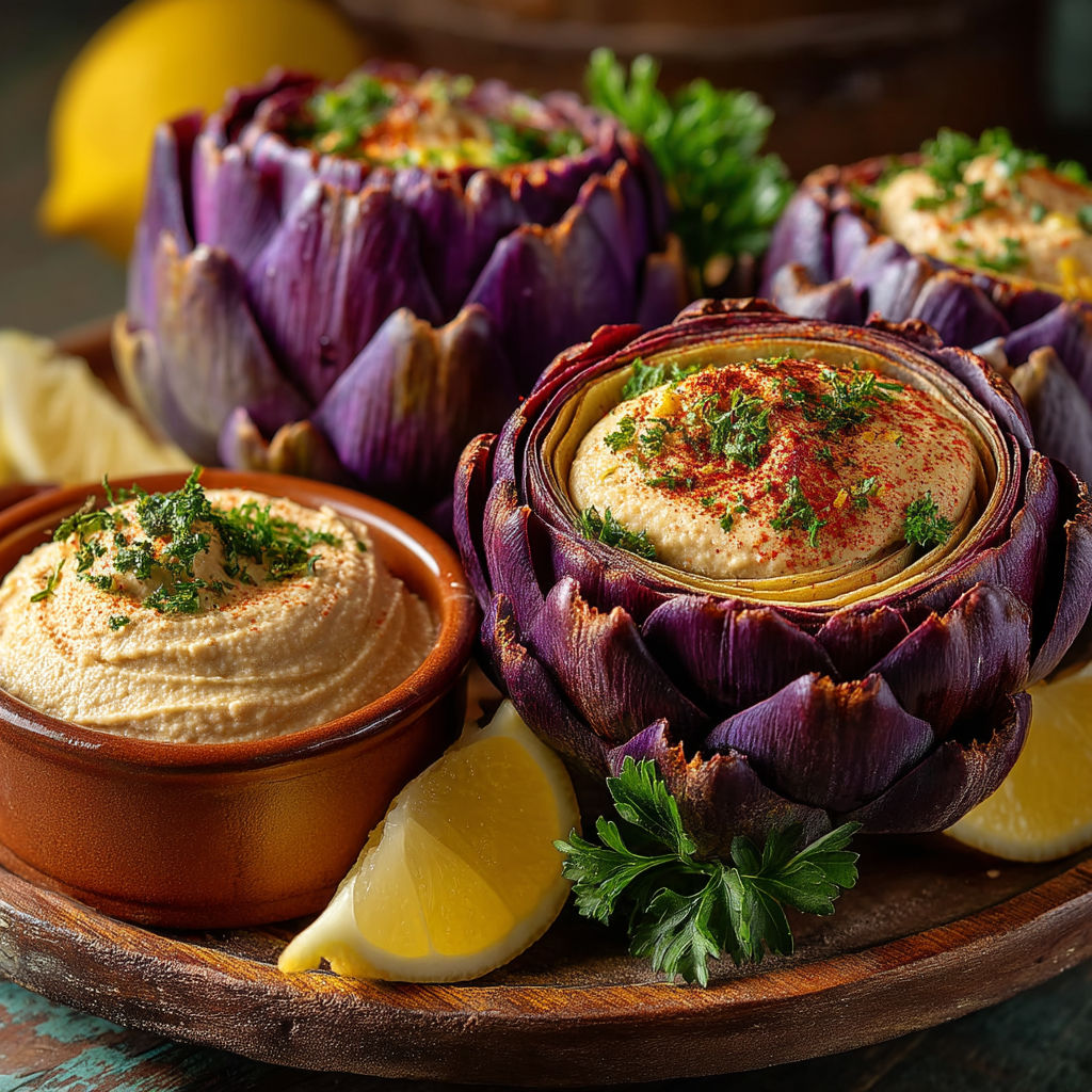 A plate of food with a lemon wedge and a bowl of hummus.