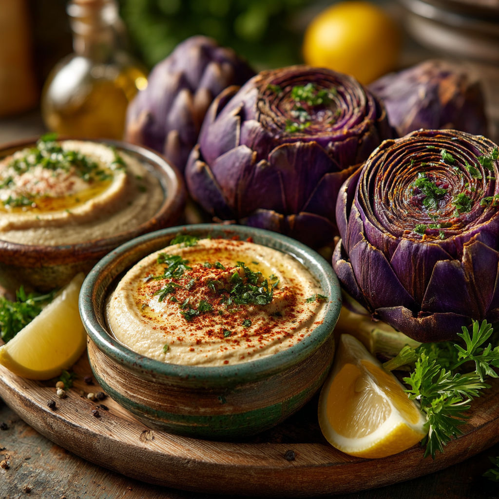 A wooden tray with a bowl of hummus and a bowl of lemon wedges.