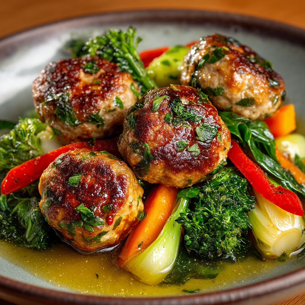 A plate of meatballs with broccoli and carrots.