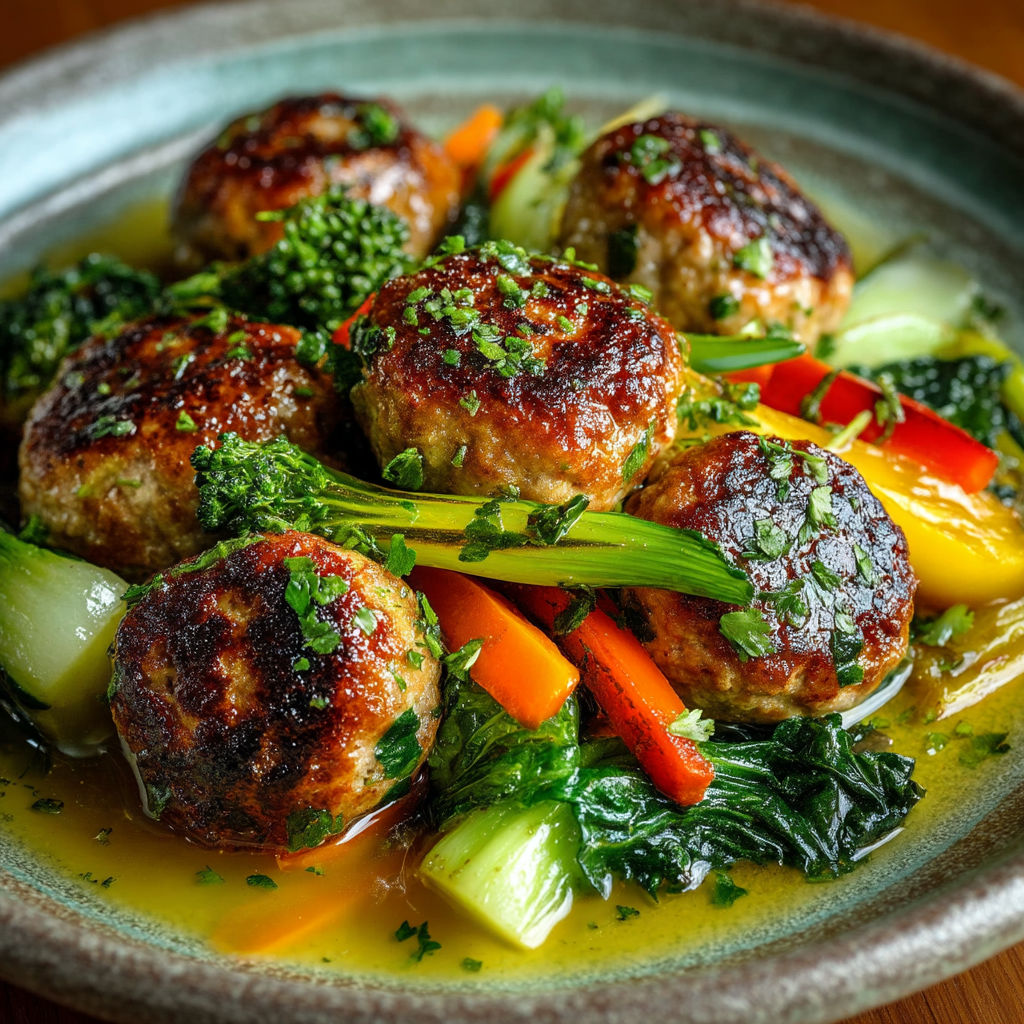 A bowl of meatballs with broccoli and carrots.