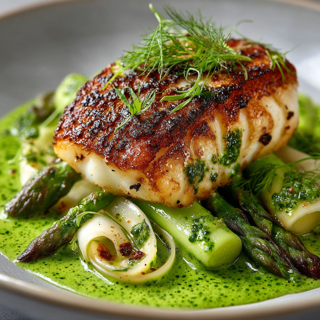 A plate of food with a fish on top and a green sauce.